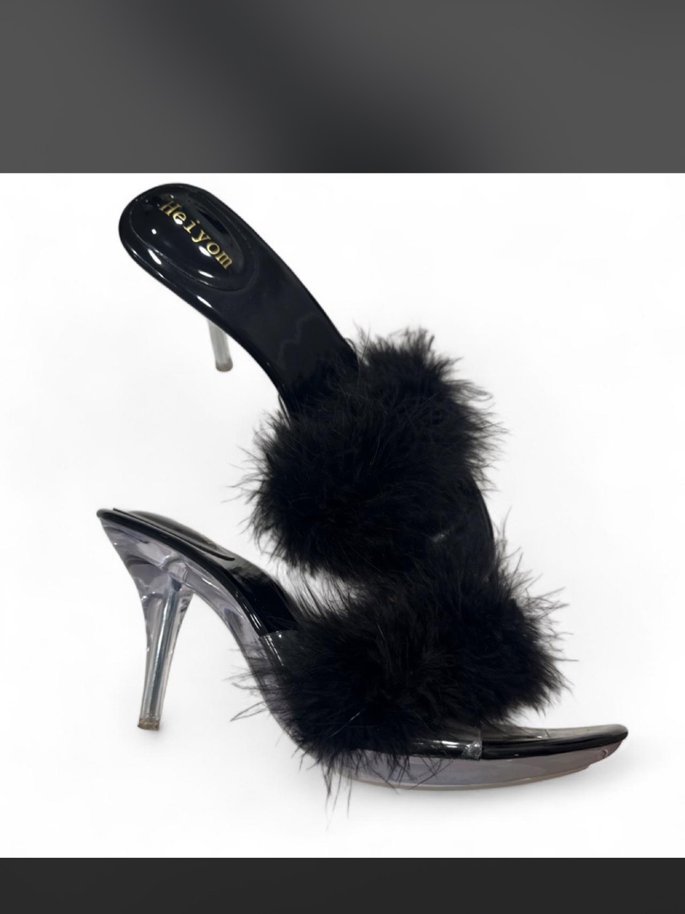 Black Feather Trim Heeled Mule -